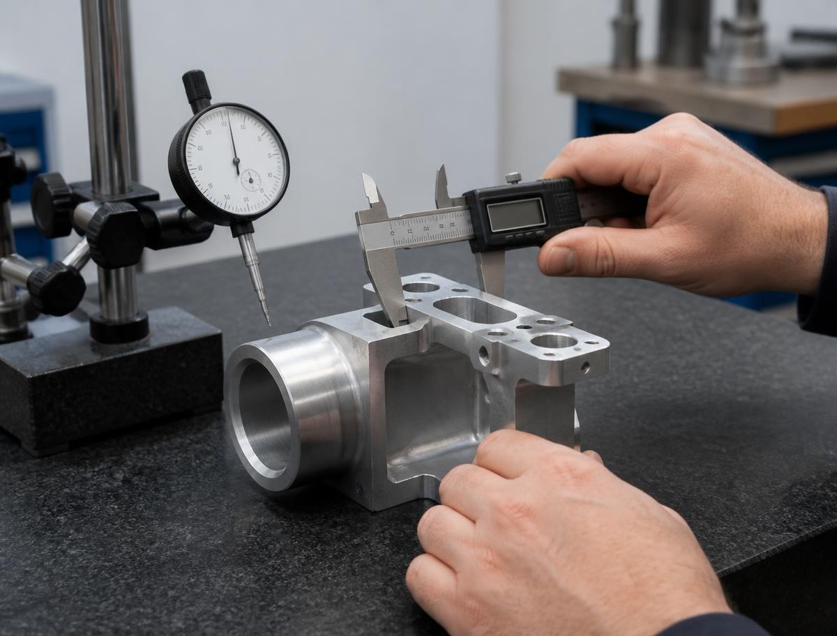 Control dimensional de una pieza mecanizada con pie de rey y reloj comparador